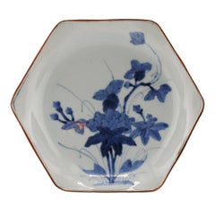Antique Japanese Porcelain Meiji Arita Flowers Blue White Dish, 19th Century