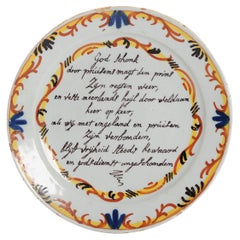 Antique Dutch Delft Earthenware Plate Poem Prussian Invasion, 18th Century