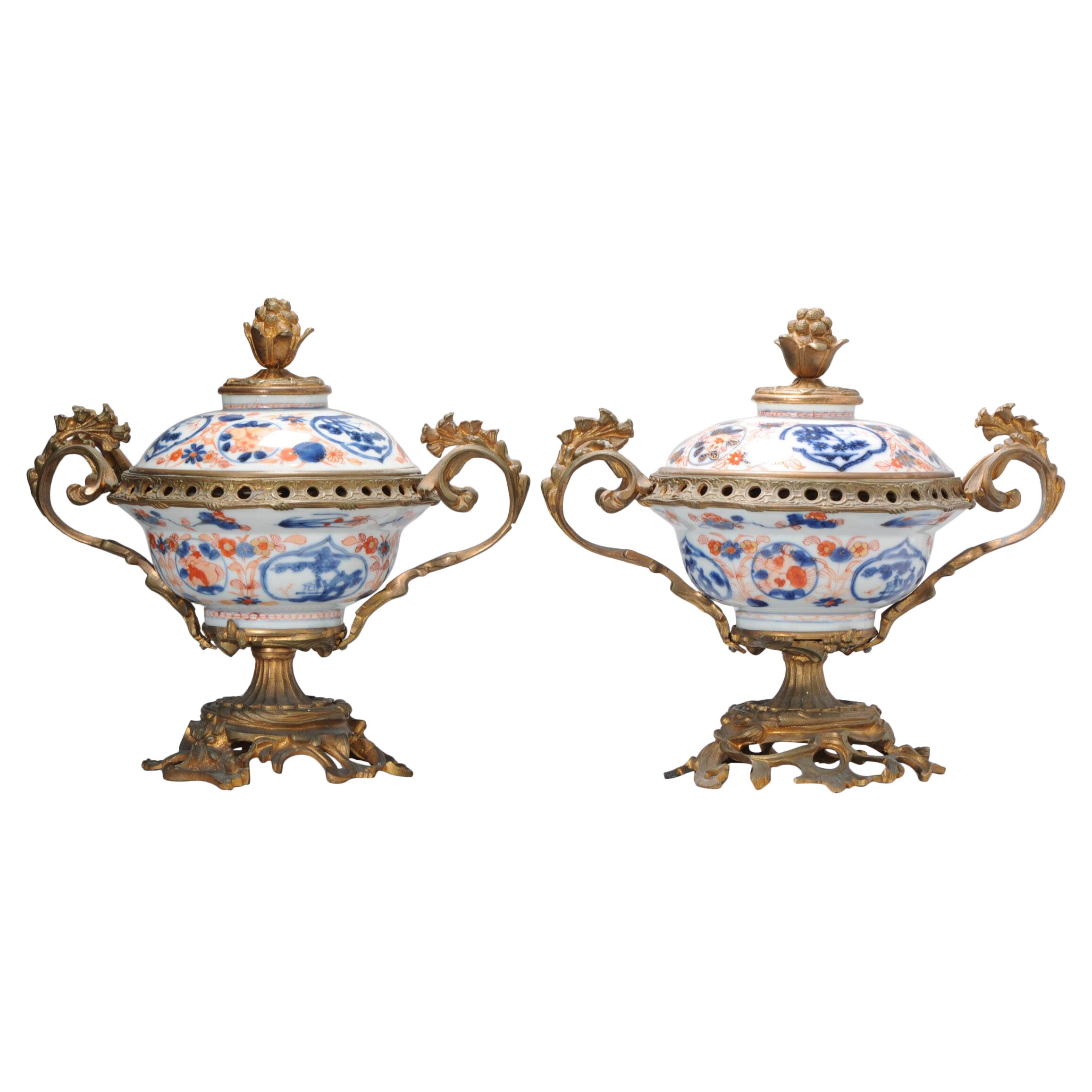 Set di antiche ciotole giapponesi di Edo Arita, vasi in porcellana con montatura Ormulu, 1680