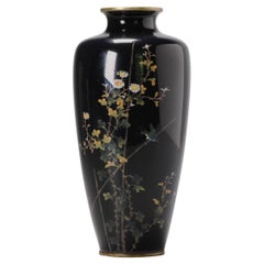 Blackground Vase with Flowers and Bird Cloisonné Enamel Meiji Era, 19th C