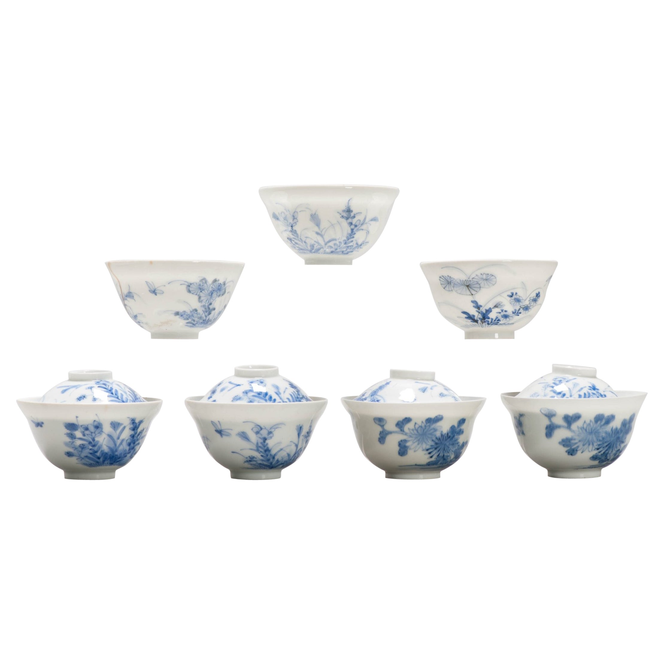 Juego de 7 Tazas o Tazones de Té Japoneses Antiguos Periodo Meiji Porcelana Cáscara de Huevo