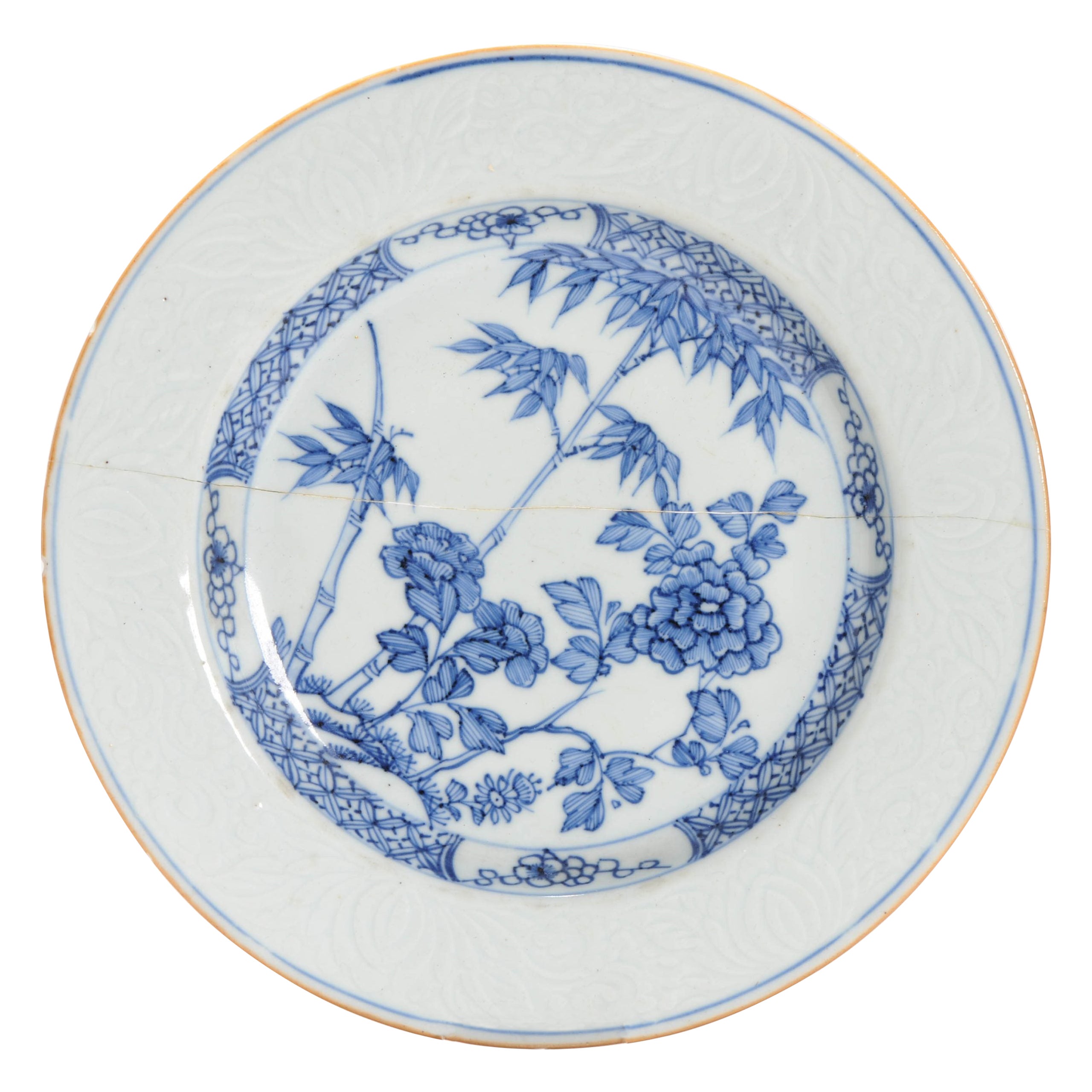 Antique Kangxi/Yongzheng Qing Chinese Porcelain Plate Bamboo Flowers Anhua, 18C