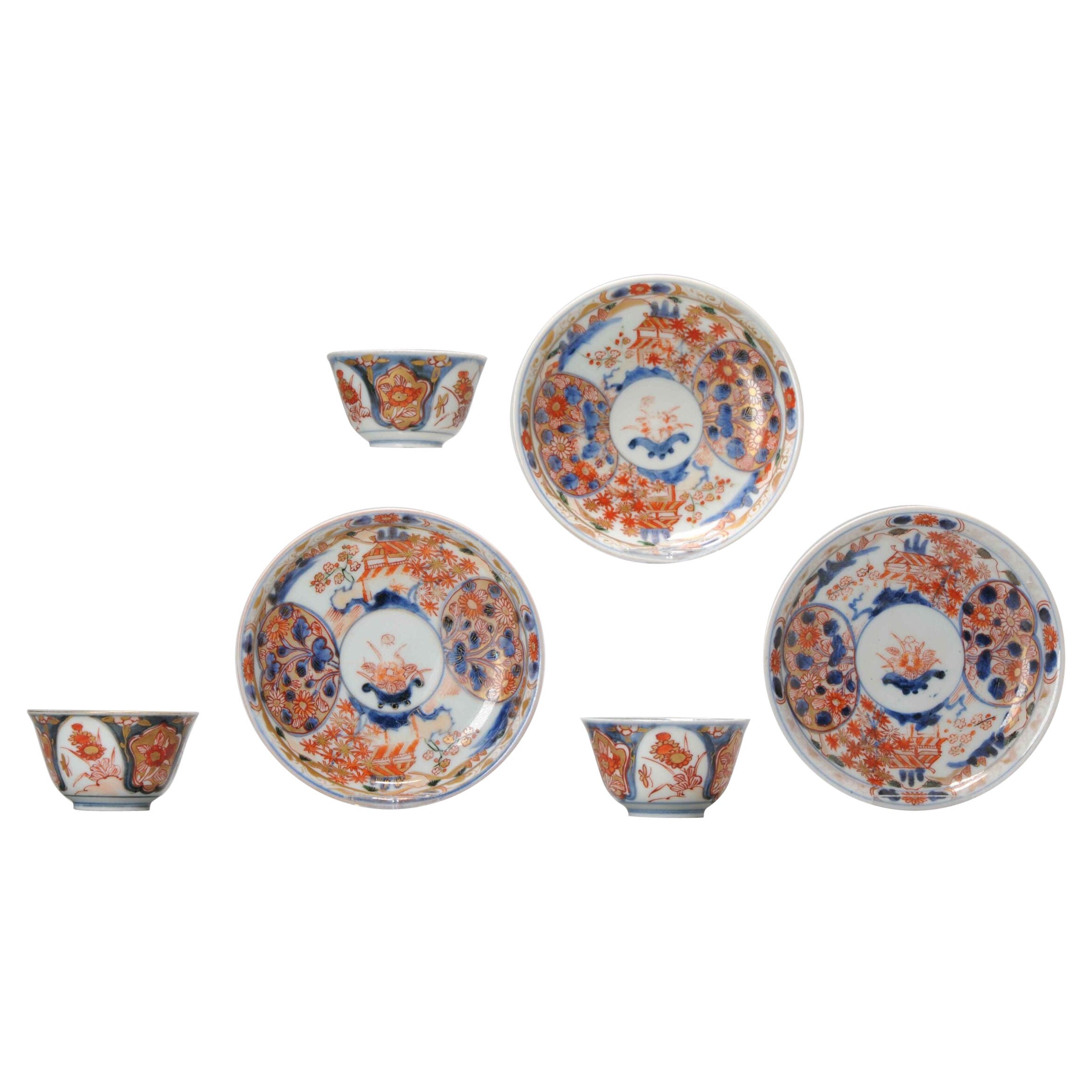 Set of 6 Antique Japanese Porcelain Edo Period Tea Bowl & Dish Floral Bird Imari