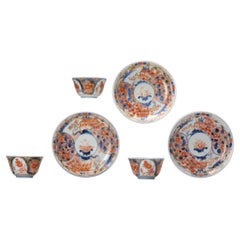 Set of 6 Antique Japanese Porcelain Edo Period Tea Bowl & Dish Floral Bird Imari