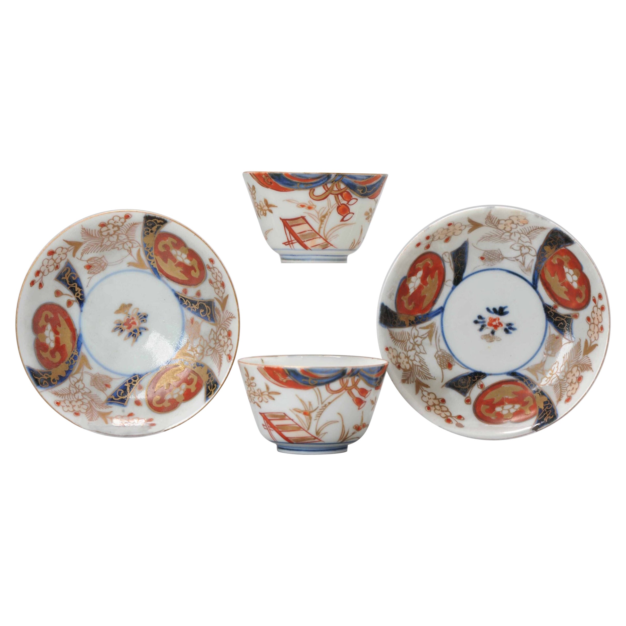 Set of Antique Japanese Porcelain Edo Period Tea Bowl Floral Bird Imari, c.1700