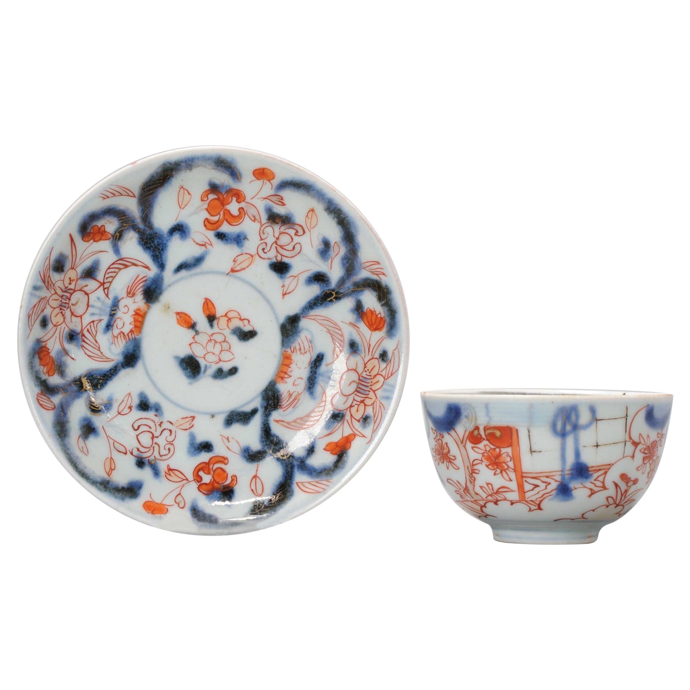 Set of Antique Japanese Porcelain Edo Period Tea Bowl Floral Bird Imari, c. 1700