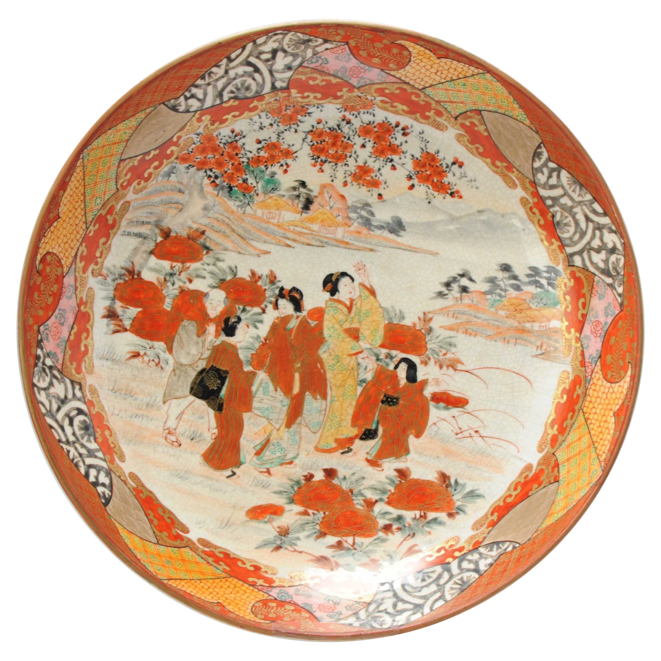 Antique Japanese Kutani Charger with Figures in a Mountain Landscape, 19th C