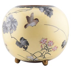 Brûleur d'encens en terre jaune avec fleurs et oiseaux Émail cloisonné Époque Meiji