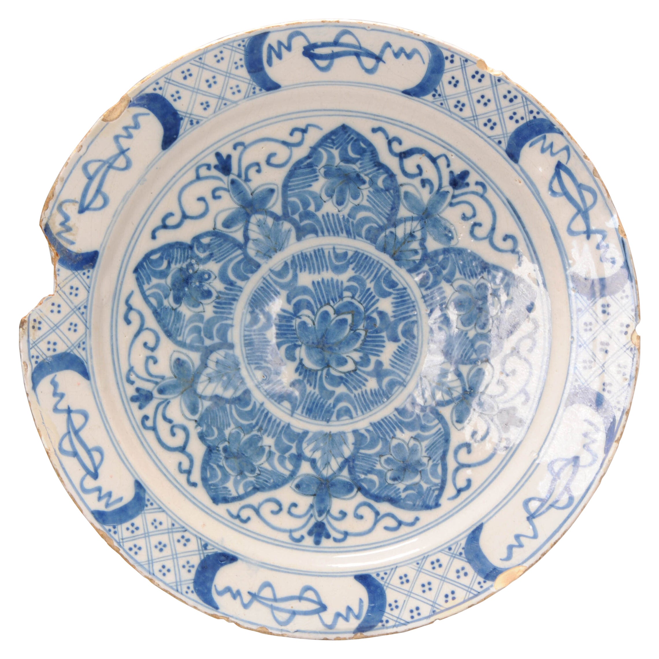 Antiguo Plato de Loza Holandesa Estilo Kangxi Azul y Blanco, S. XVIII