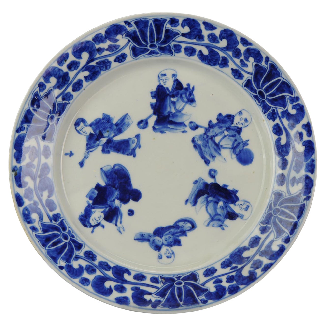 Meiji Japanese Sometsuke Arita Arita Plate with Toy Horse Figures, 19th Century