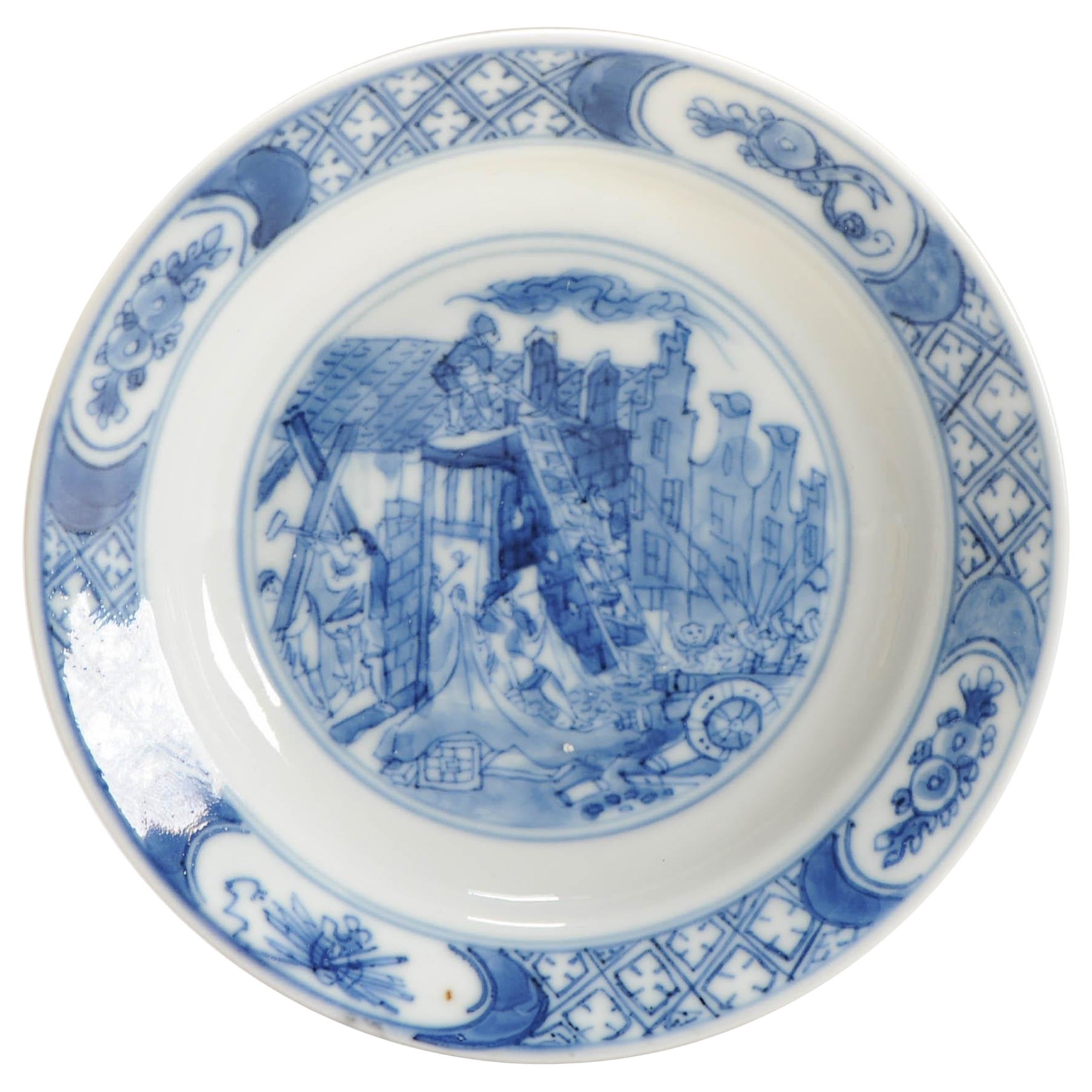 Chinese Porcelain Dish Riot of Rotterdam/Kostermann Blue White Yu Marked, ca1690 For Sale