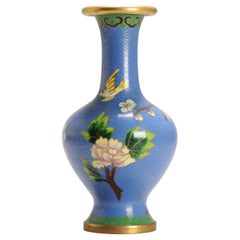 Vintage Small Round Cloisonné Vase Chinese in Nice Color Bird Prunus Flower, 20th C.