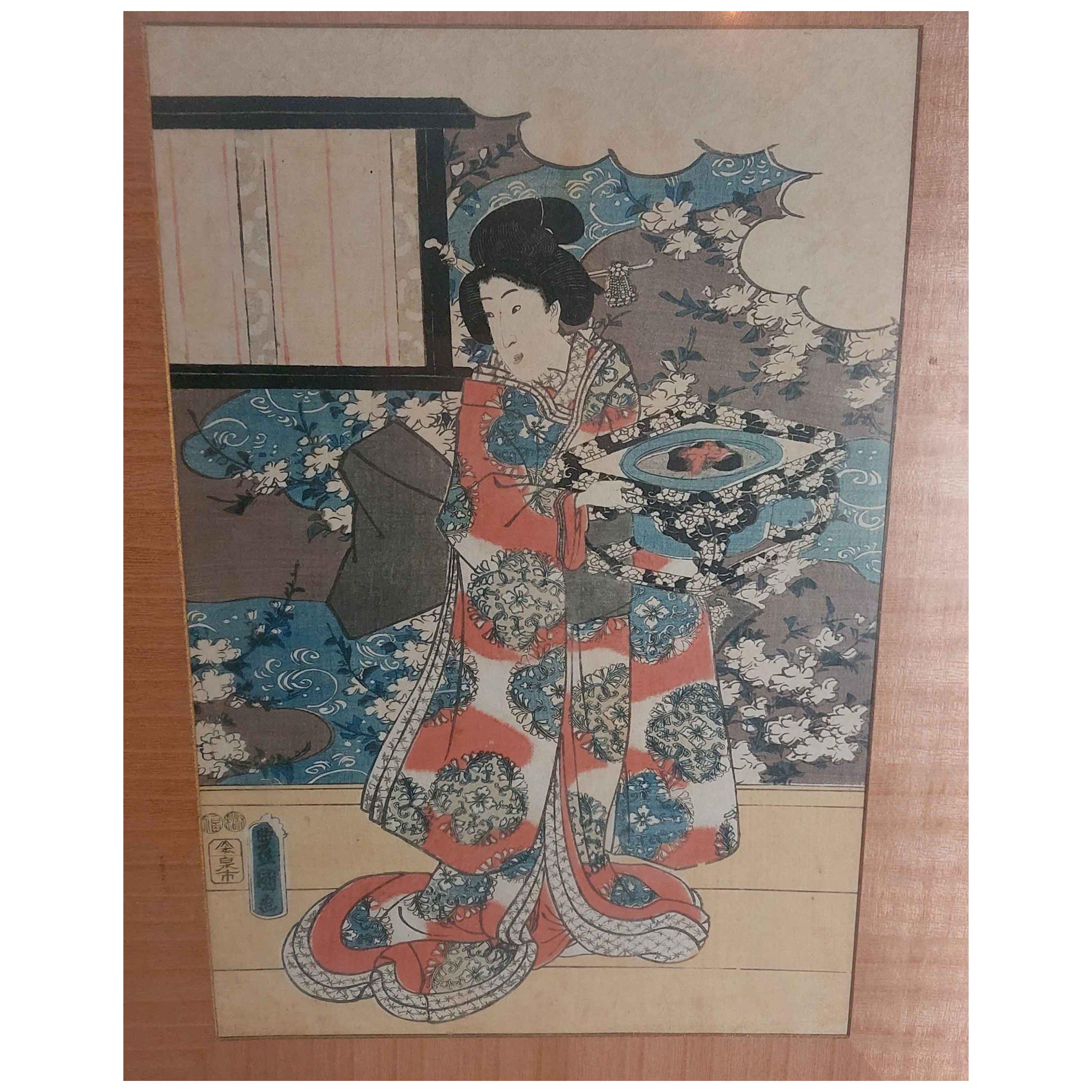 Antiker Ukiyo mit Holzschnitt-Druck - E Kunisada Utagawa - Geisha mit Parasol