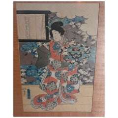 Antigua xilografía Ukiyo - E Kunisada Utagawa - Geisha con sombrilla