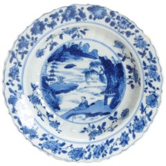 Antique Chinese Porcelain Kangxi Blue & White Plate Xieyi Landscape, ca 1700
