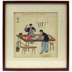 Ancienne peinture à l'eau chinoise d'un magasin de tissus Dynastie Qing, 19ème siècle