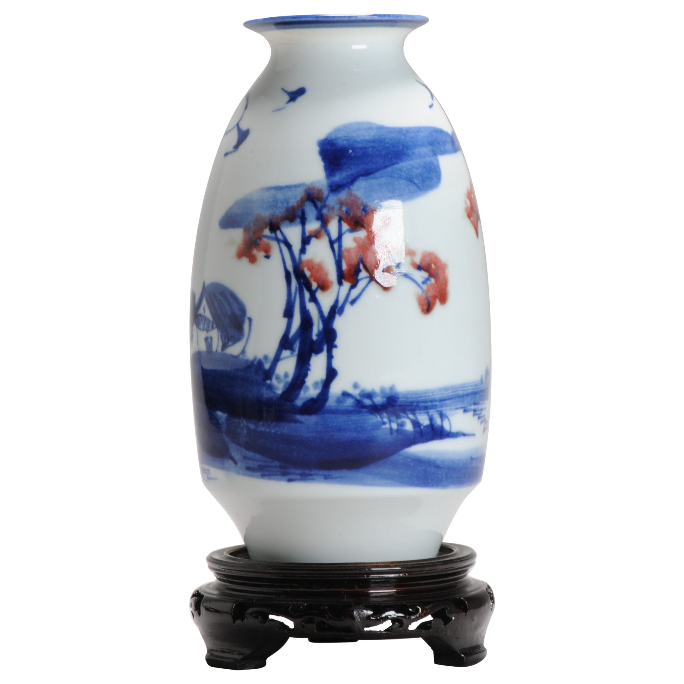 Vintage Hu Jie Chinese Porcelain PROC Liling Landscape Vase Underglaze, 1997