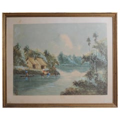 Antique Vintage Painting Indonesia Bali - Lady in Village Scene, 20th Century