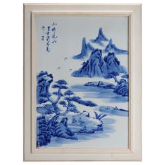 Nice Landscape Chinese Porcelain Plaque in Blue and White, 20th Century