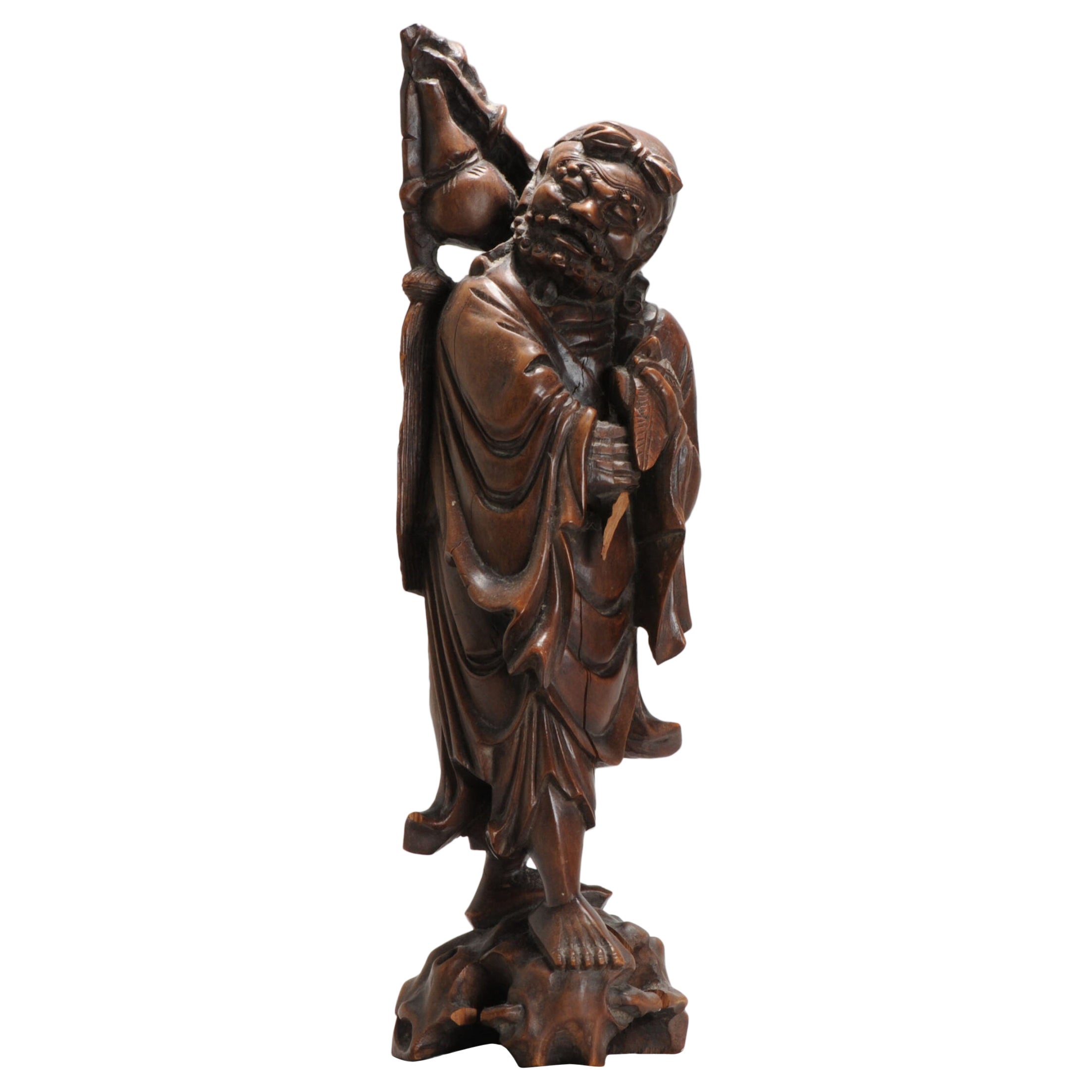 Fine Chinese Carved Wood Statue of Lady with Parasol, 1900