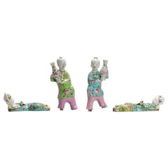 4 Antique Qianlong Chinese Statue Porcelain Wall Pocket Vase Figures, 18th C.