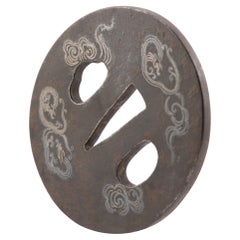 Antique Metal Japanese Tsuba Tosogu with Buddhist Clouds in Silver, 19th Century