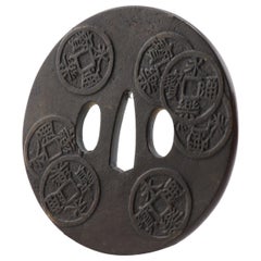 Antique Metal Japanese Tsuba Tosogu with Chinese Coins, 19th Century