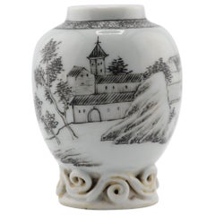 Antique Miniature Chinese Porcelain Encre de Chine Grisaille Qianlong Caddy, 18C