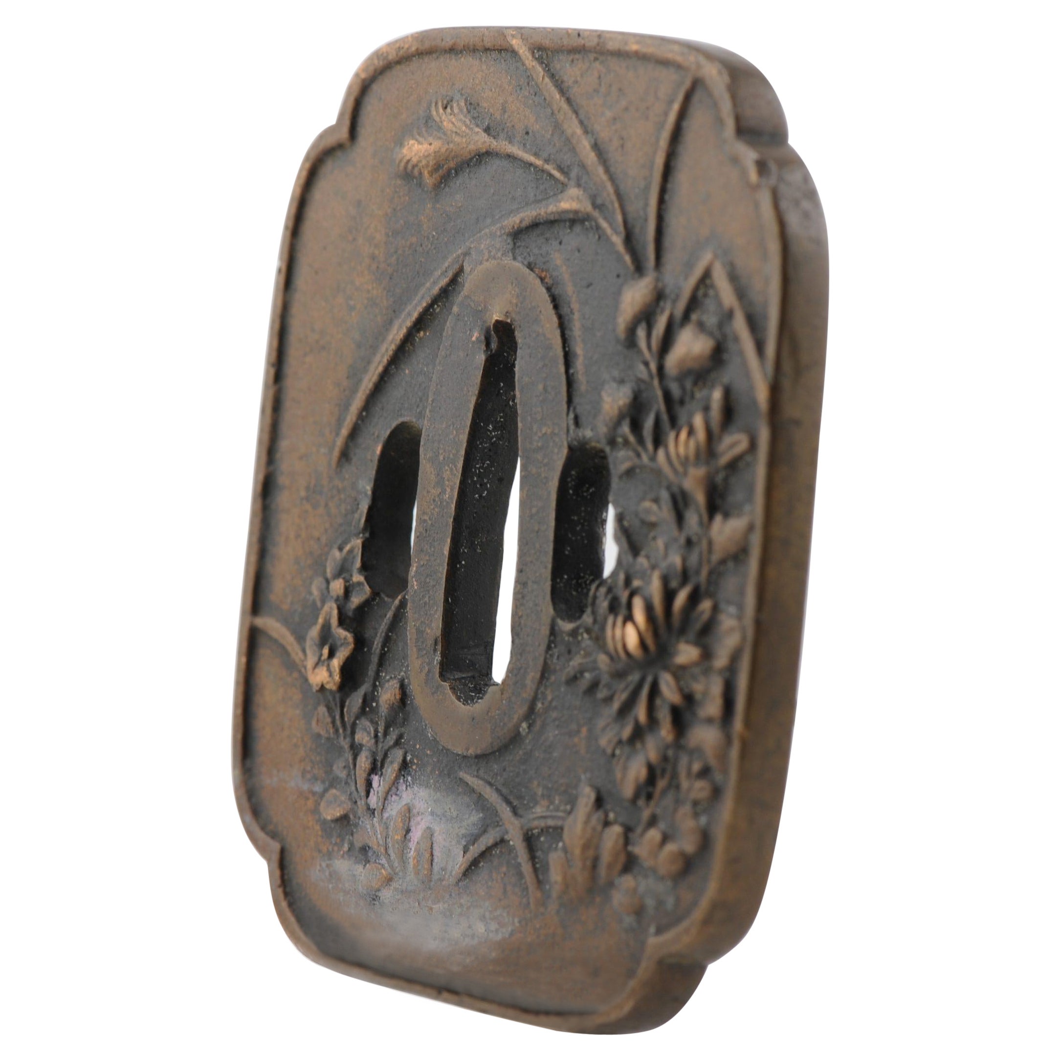 Antique Metal Japanese Tsuba Tosogu with Floral Flowers in Landscape