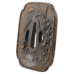 Antique Metal Japanese Tsuba Tosogu with Floral Flowers in Landscape