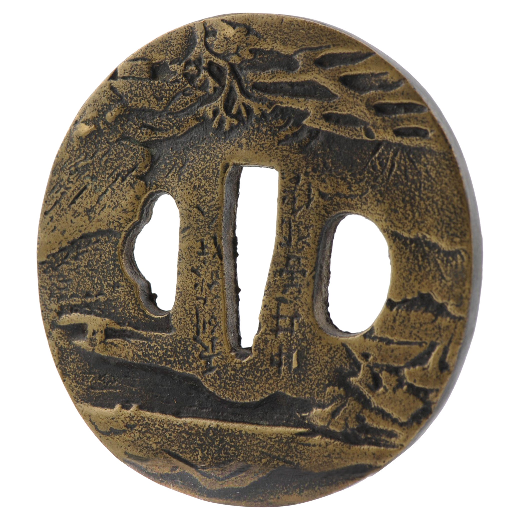 Antique Metal Japanese Tsuba Tosogu with Buddhist Literati in Landscape