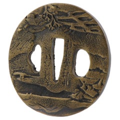 Antique Metal Japanese Tsuba Tosogu with Buddhist Literati in Landscape