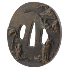 Antique Metal Japanese Tsuba Tosogu with Buddhist Literati in Landscape, 19th C