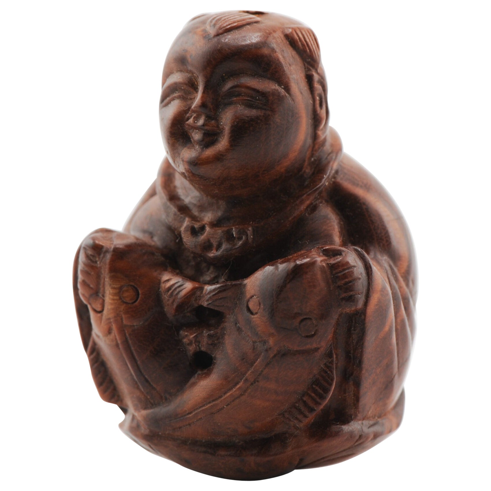 Antigua Escultura Netsuke de Madera Pescador Japonés Periodo Meiji, Siglo 19/20