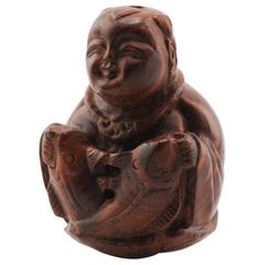 Old Wooden Netsuke-Skulptur eines japanischen Fischers aus der Meiji-Periode, 19./20. Jahrhundert
