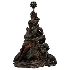 Antique Chinese Old Carved Wood Scholars Root Object Tower Lamp, 20th century