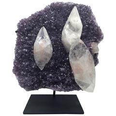 Rare Mounted Amethyst Specimen with Spectacular Calcite Inclusions from Uruguay