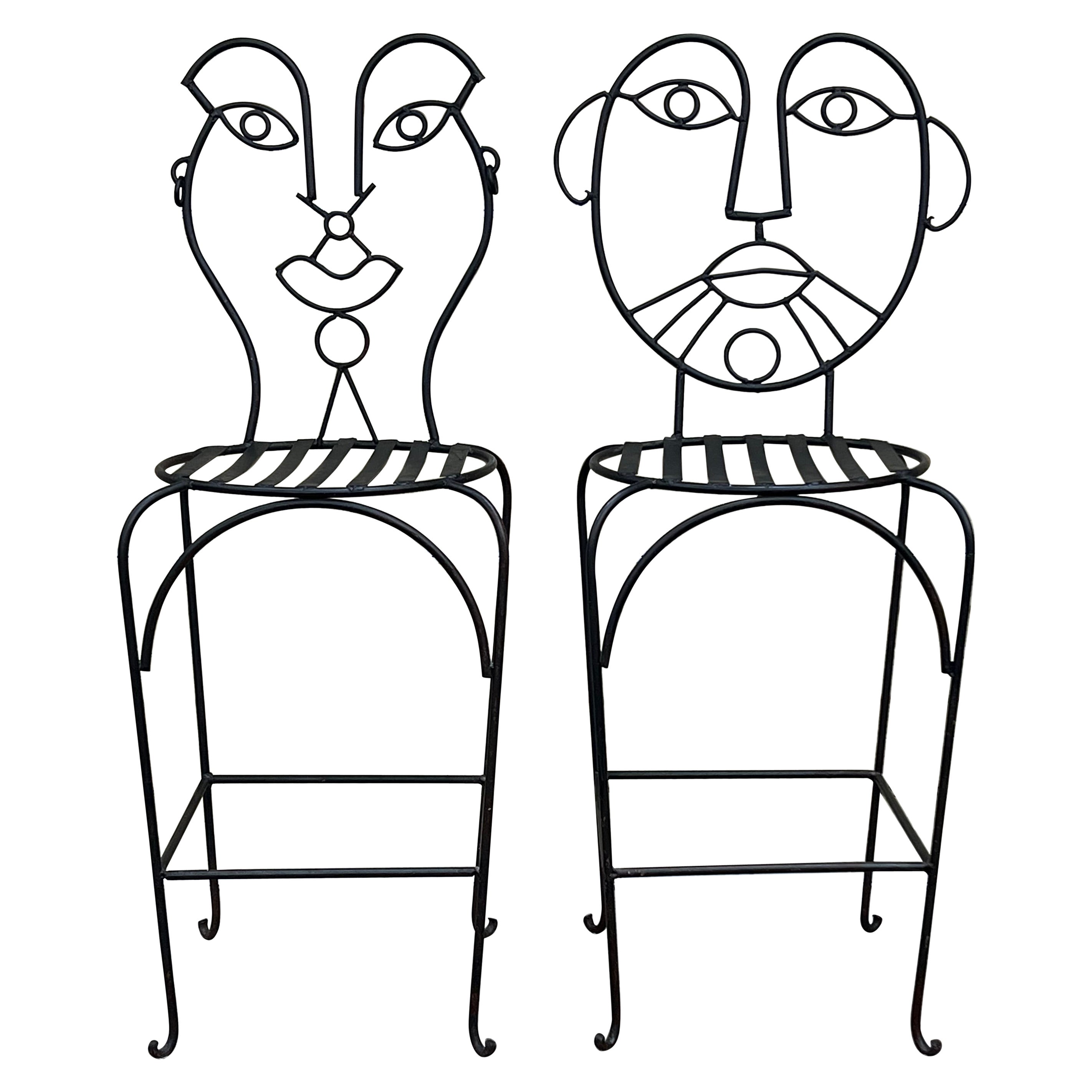 Pair 80s John Risley Inspired Man and Woman Pop Art Bar Stools