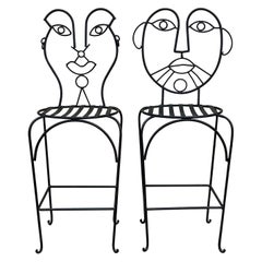 Pair 80s John Risley Inspired Man and Woman Pop Art Bar Stools