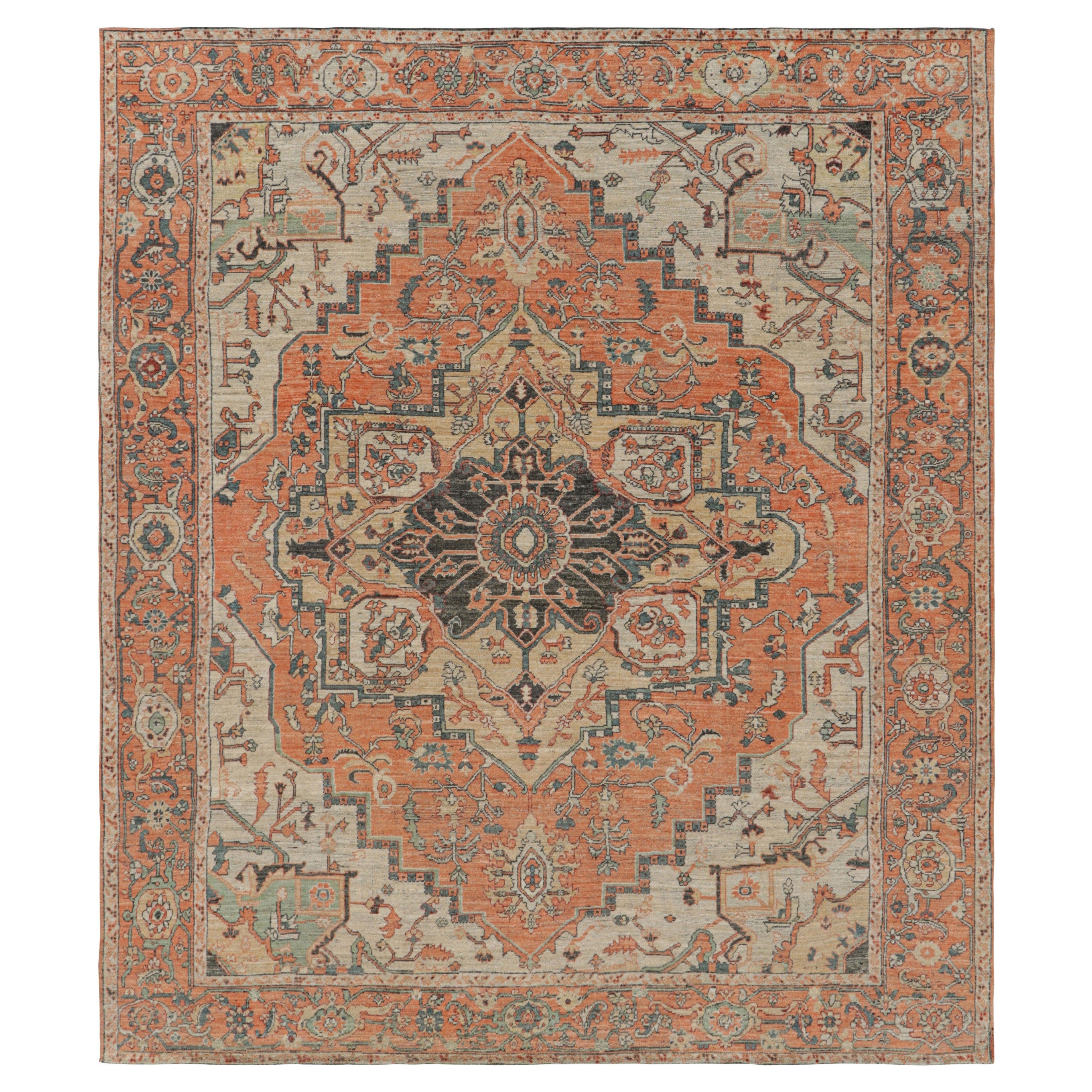 Alfombra estilo Heriz de Rug & Kilim en naranja y beige con medallón en venta