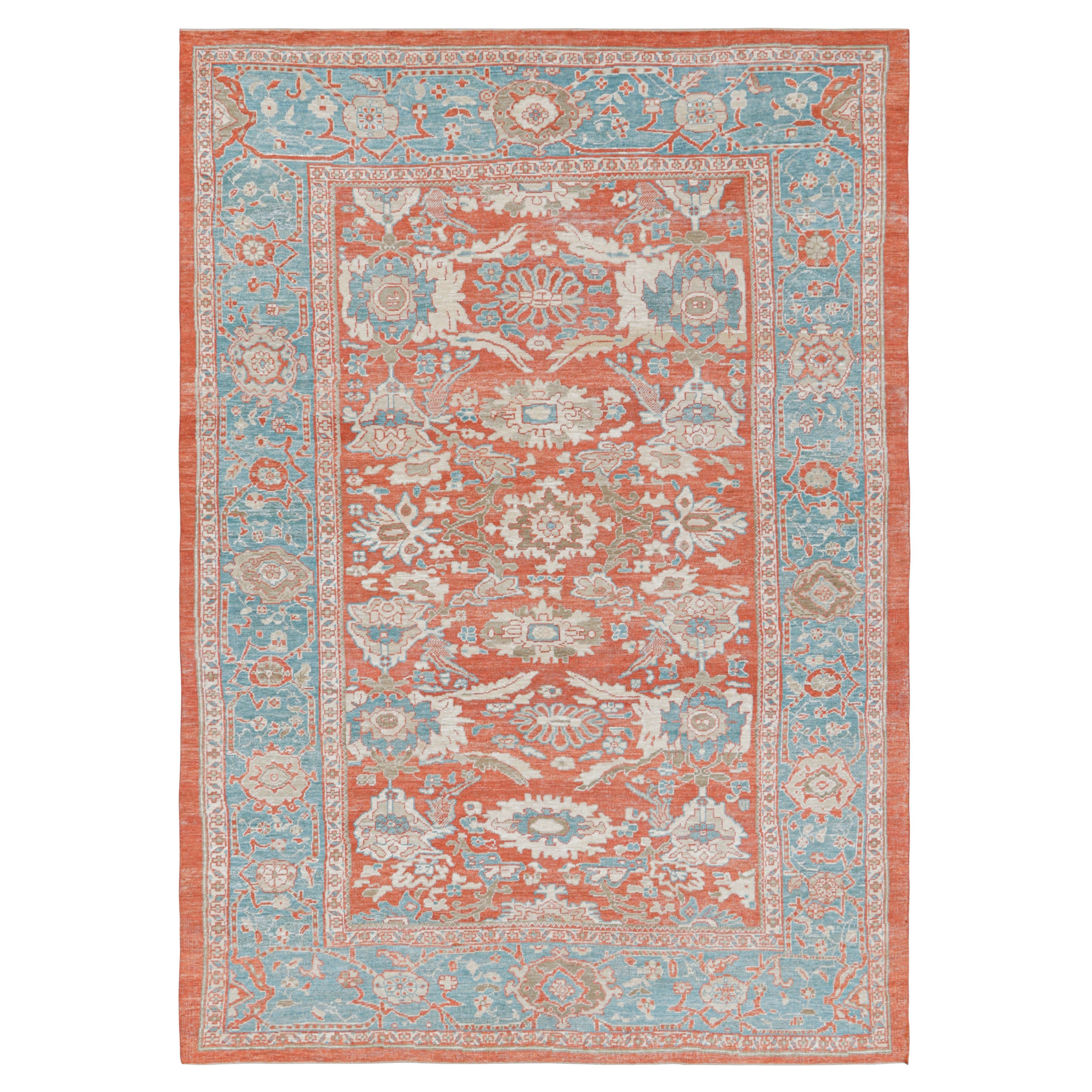 Rug & Kilim's Floral Oushak Style Rug in Orange and Blue with Floral Patterns (Tapis floral de style Oushak en orange et bleu avec des motifs floraux)