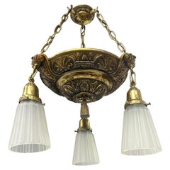 Vintage Art Nouveau Ornate 3 Light Bronze and Brass and Glass Chandelier