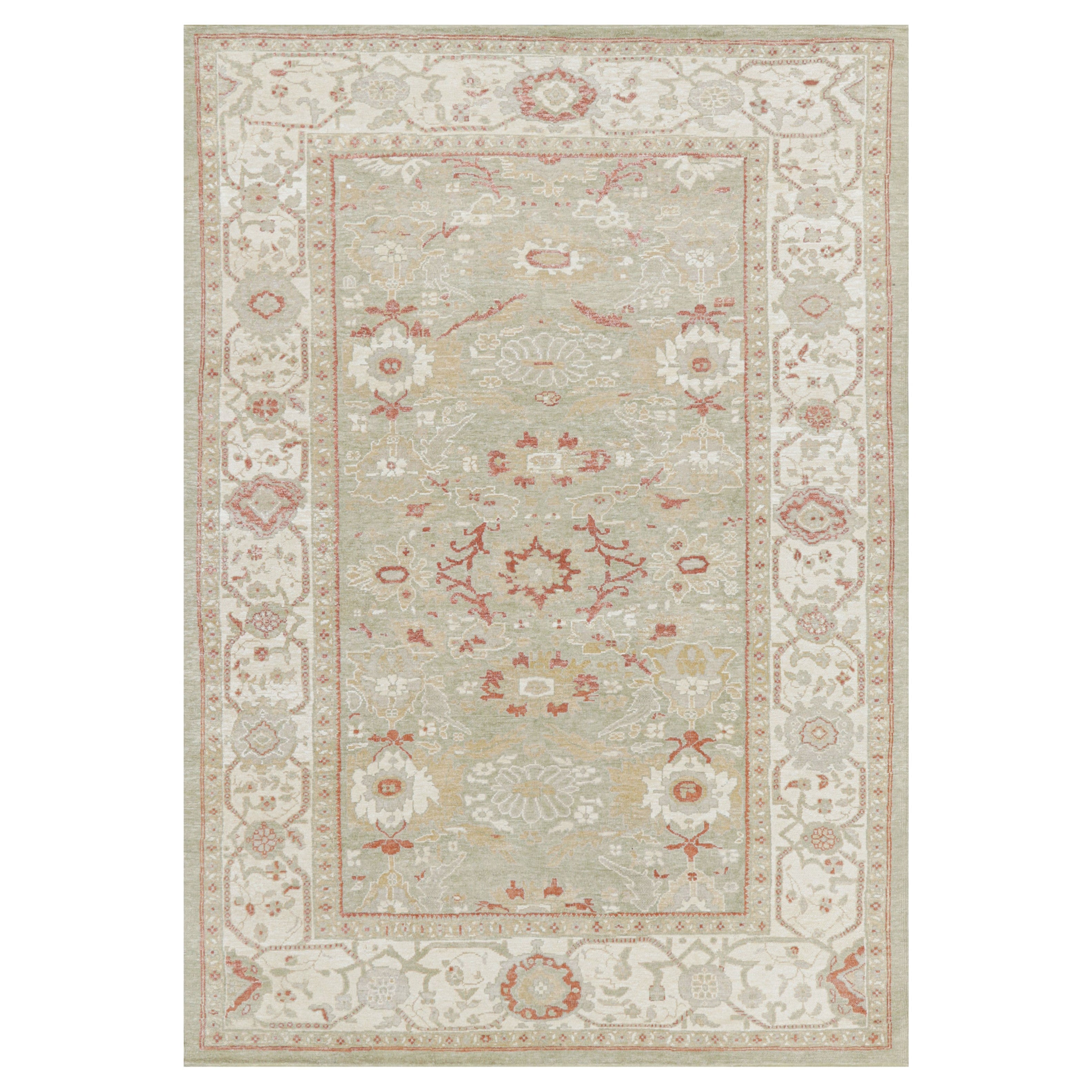 Rug & Kilim’s Oushak Style Rug in Green and Cream with Floral Patterns For Sale