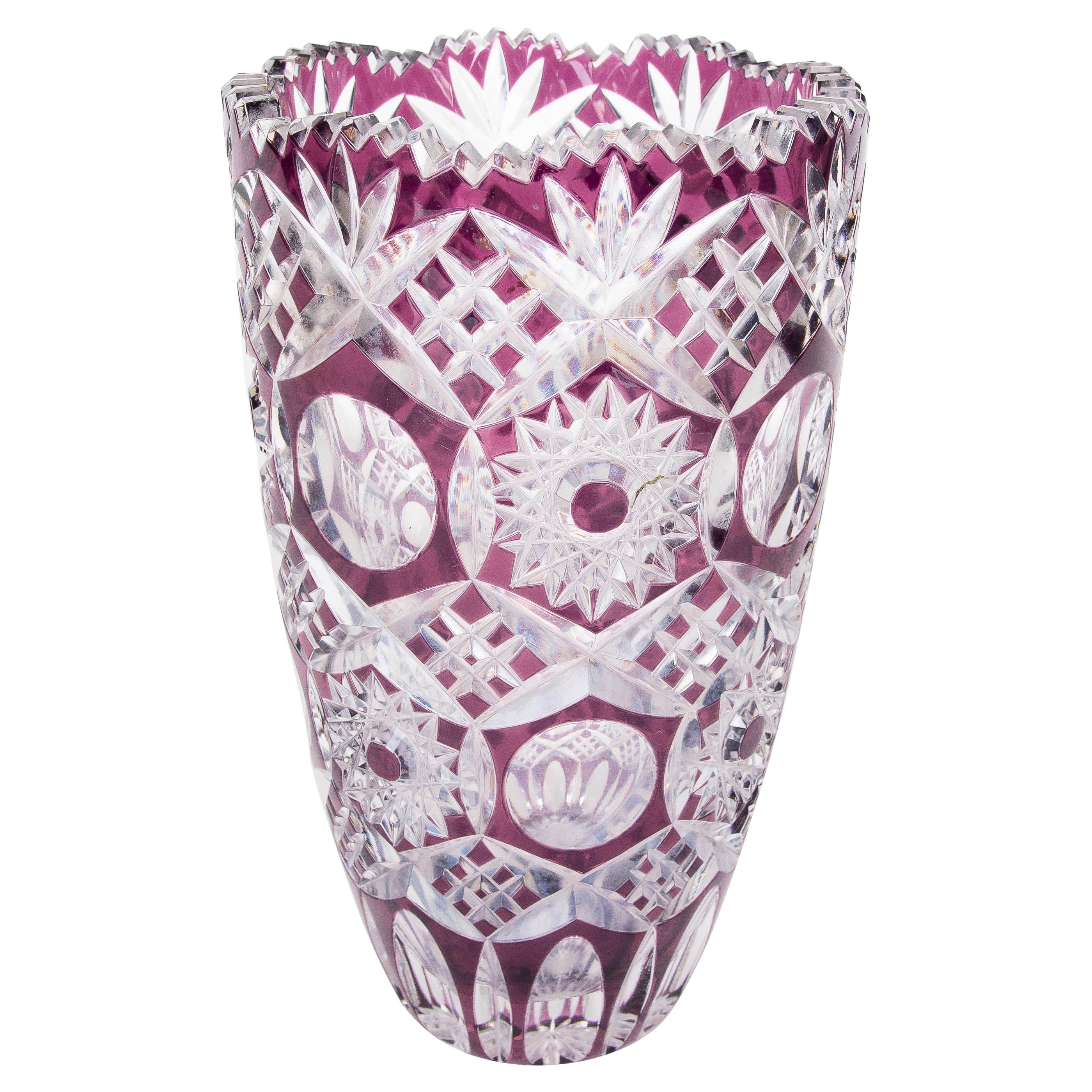 1970s Cut Crystal Vase with Geometric Details and Purple Color