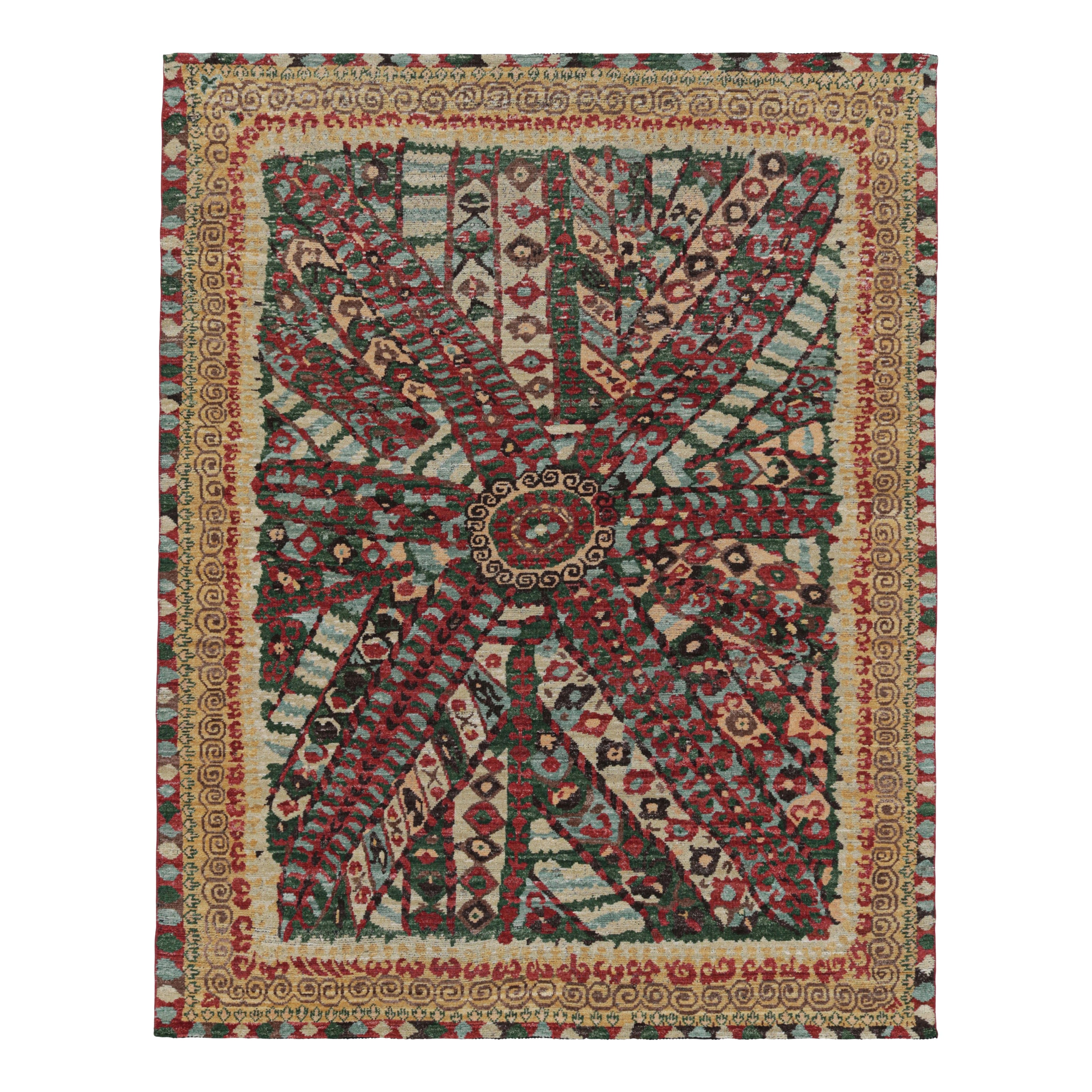 Rug and Kilim’s Suzani Style Rug with Red, Green and Blue Geometric Patterns For Sale