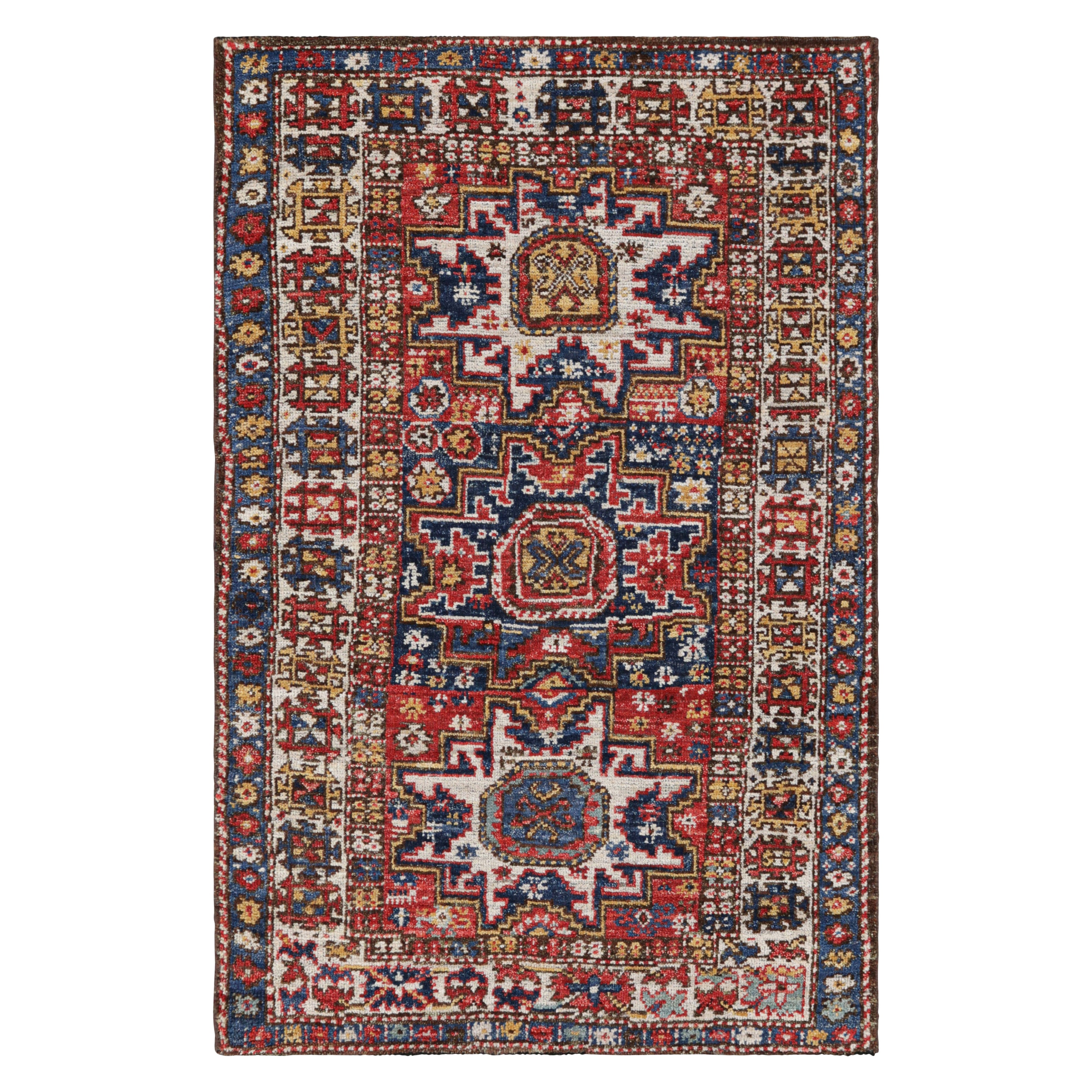 Rug & Kilim’s Caucasian Style Rug In Red and Blue With Lesghi Star Medallions For Sale