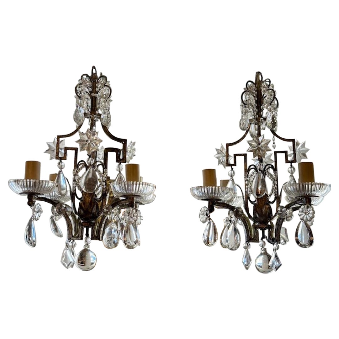 Pair of Petite Maison Bagues Silver Leaf and Crystal Chandeliers For Sale