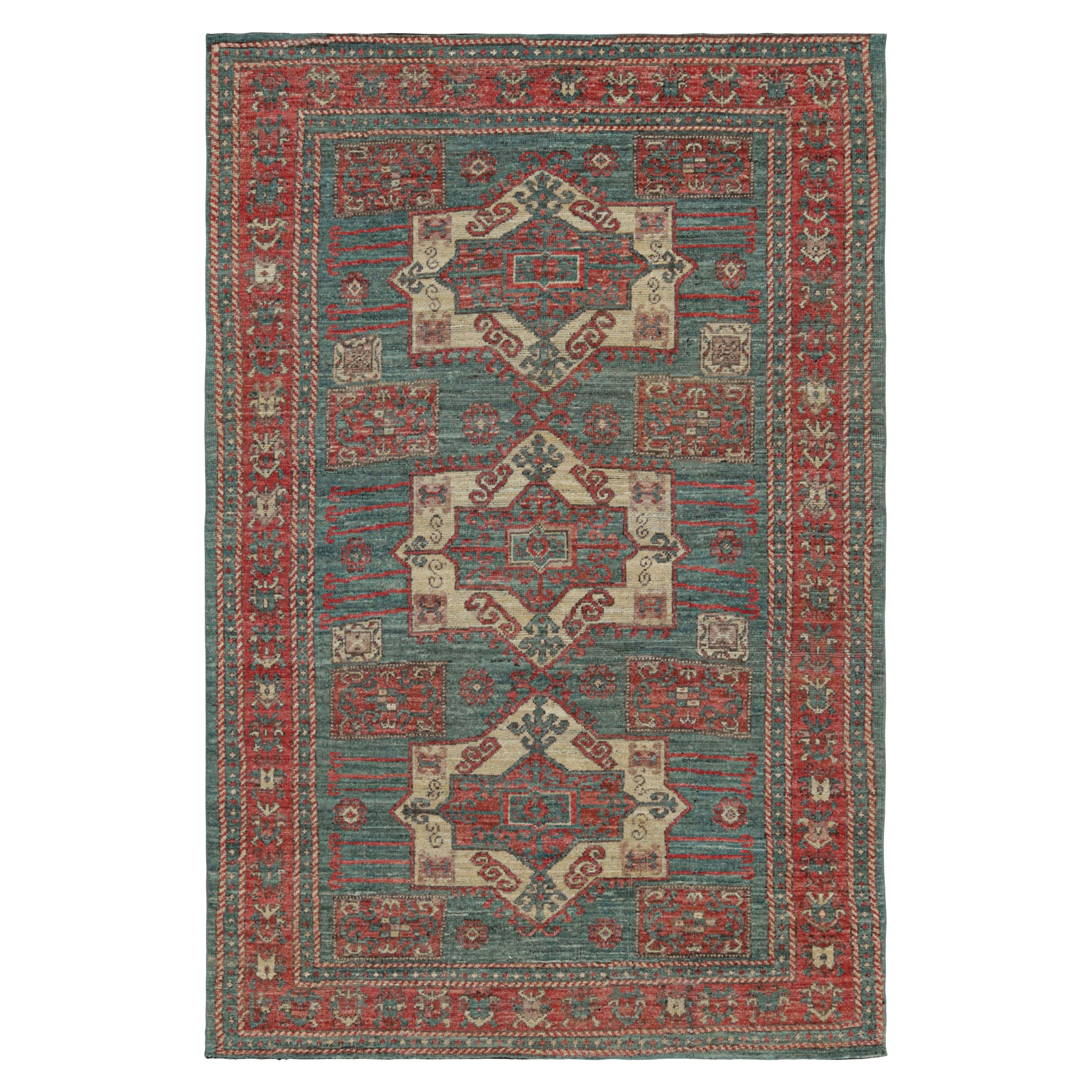 Alfombra estilo kazajo de Rug & Kilim en azul con medallones geométricos en venta