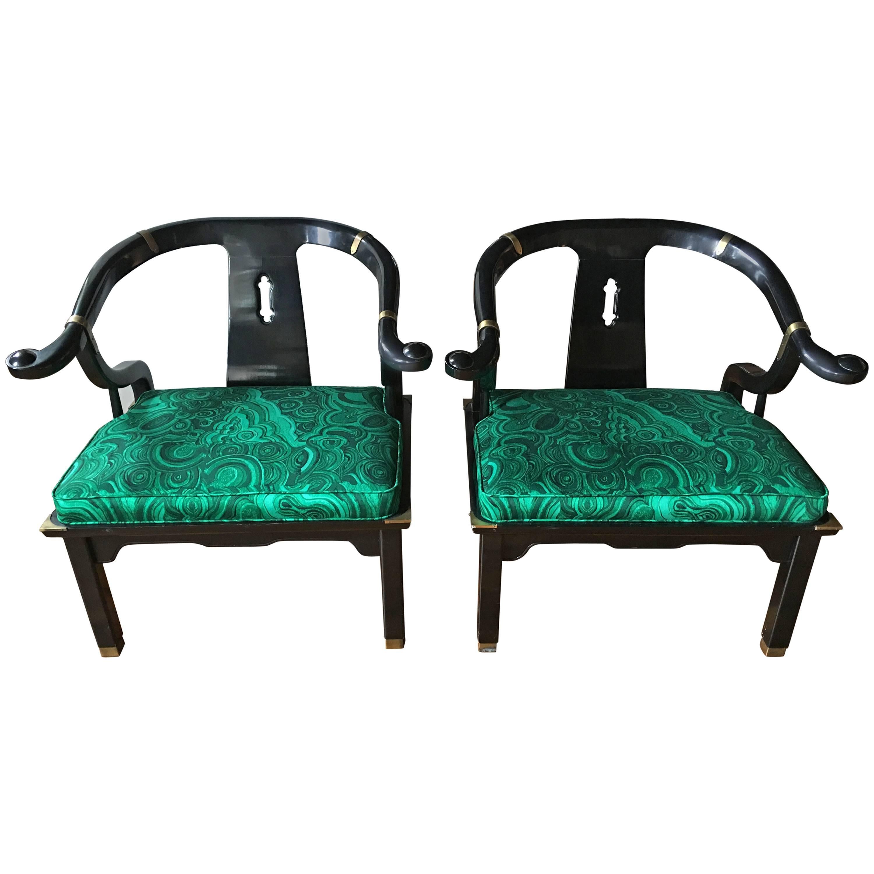 James Mont Style Malachite Lacquer Lounge Chairs by Century