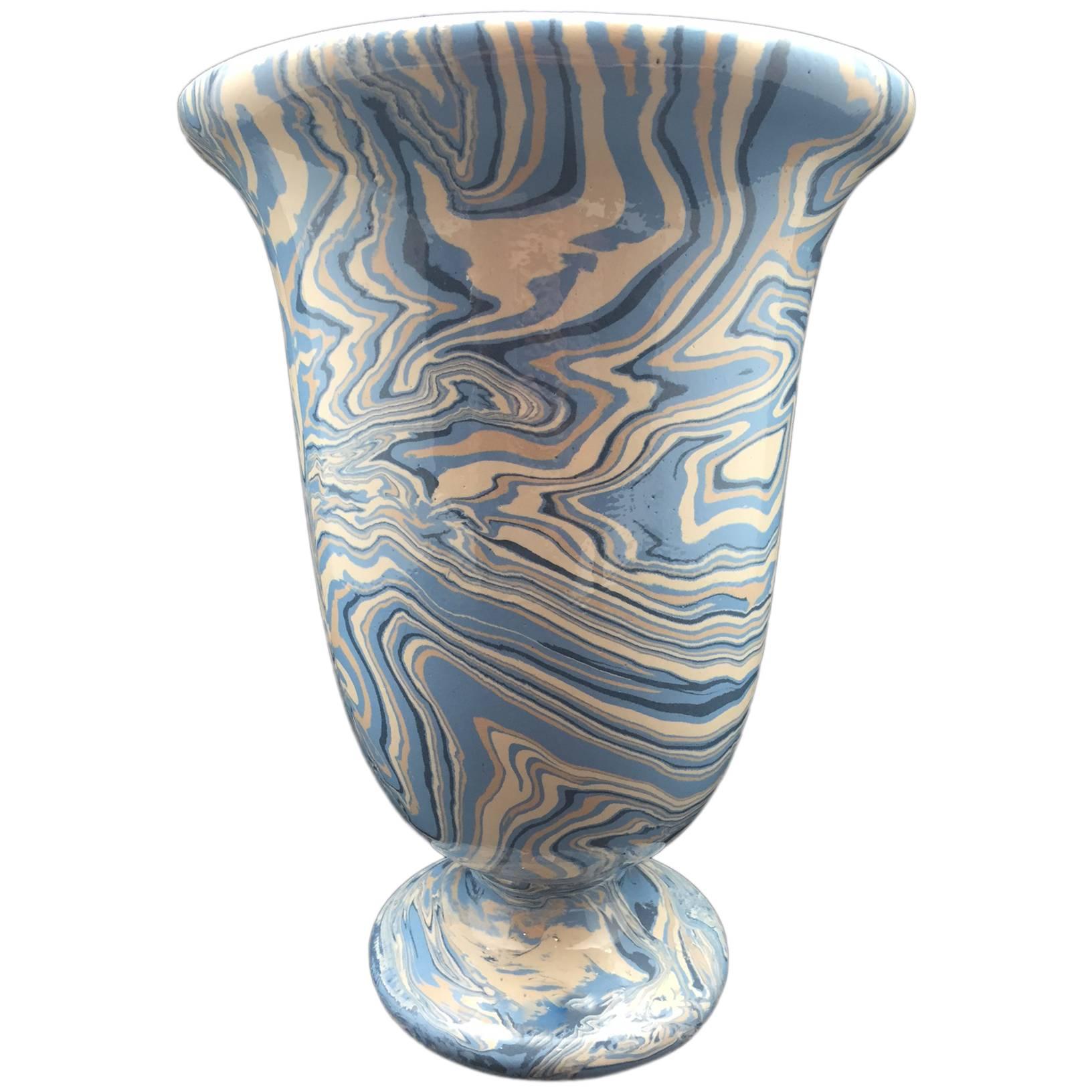 Marbleized Blue Apt Style Faience Medicis Vase by Sylvie Saint-André Perrin
